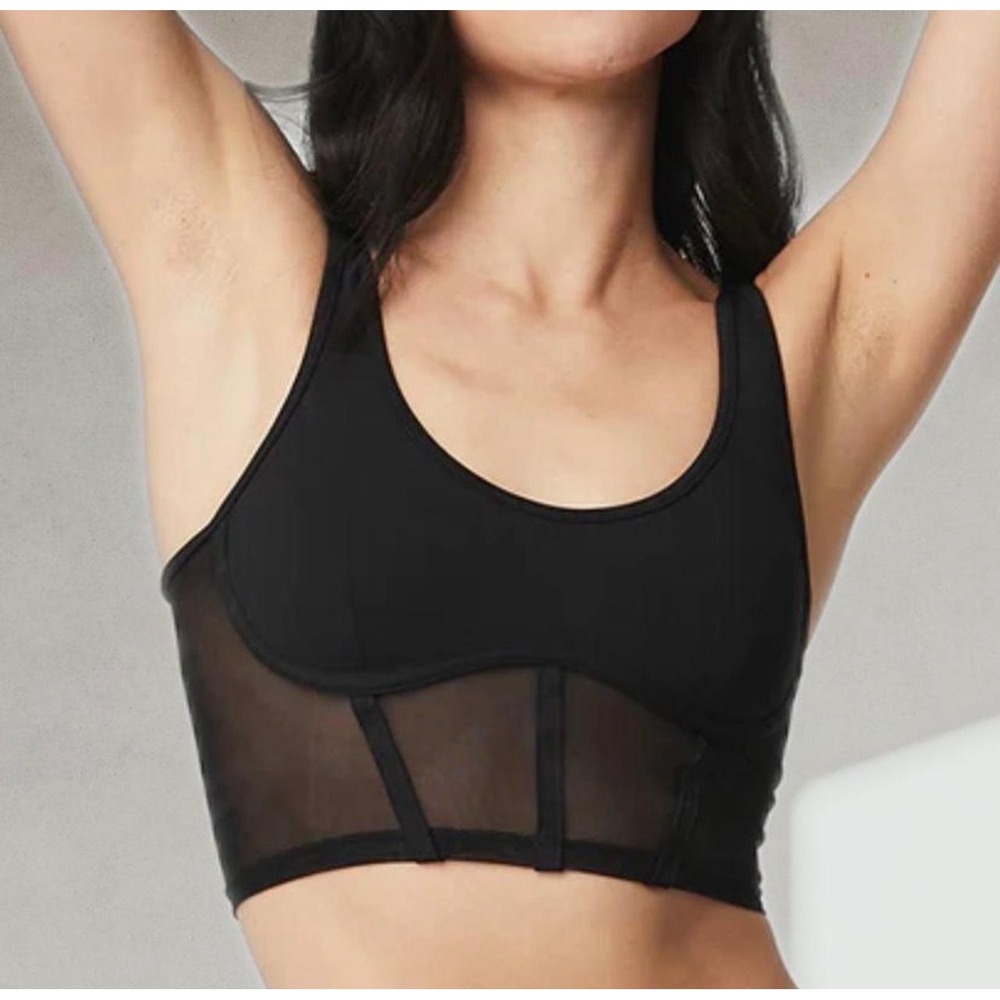 ALO Airbrush Mesh Corset Tank Sheer Boning Logo Black Size S/M Athleisure Sporty